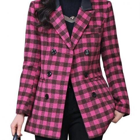 Ladies Blazer Women Casual Jacket Pink Apricot Green Plaid Long Sleeve Triple Breasted Female Autumn Winter Coat