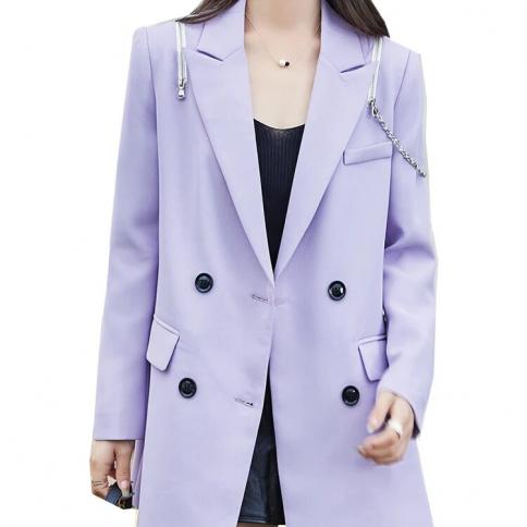 Nueva llegada moda mujer Blazer señoras púrpura blanco negro mujer manga larga doble botonadura sólida Casual chaqueta suelta