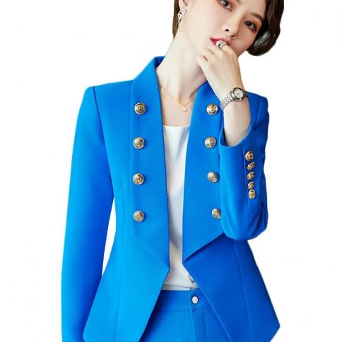 Blue Orange Khaki Women Solid Formal Blazer Coat Female Long Sleeve Button Decoration Slim Jacket Ladies  Blazers