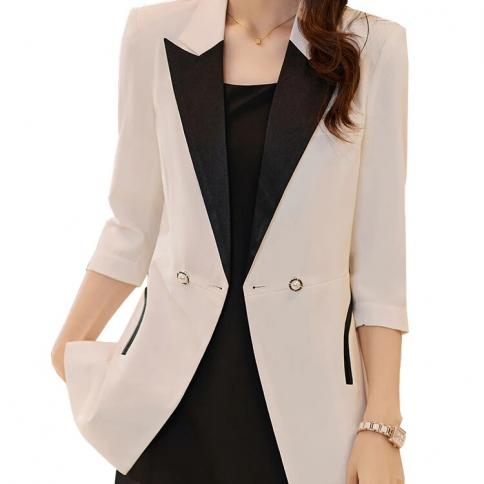 Verano primavera moda mujer Blazer señoras negro blanco raya un solo botón media manga chaqueta Formal femenina abrigo