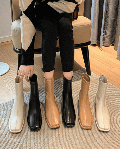 Wholesale Autumn And Winter New Style Simple Elastic Slim Boots For Women Square Toe Thick Heel Plus Velvet Short Boots 