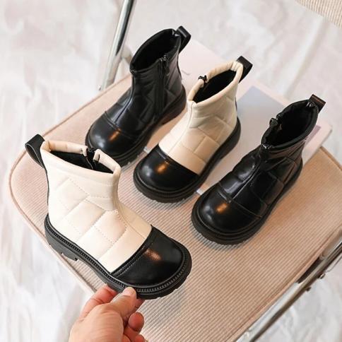 Botas de tornozelo de correspondência de cores das meninas novo 2024 inverno de pelúcia fina algodão botas curtas crianças moda 