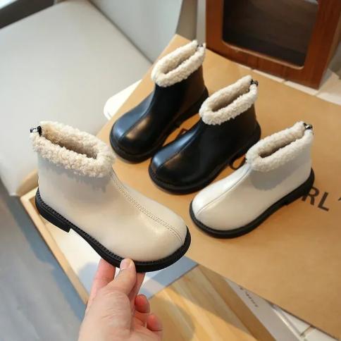 Girls Pu Leather Short Boots Kids Winter 2024 New Solid Color Fashion Warm Plush Cotton Shoes Children Back Zipper Ankle