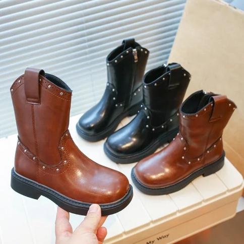 Girls' Rivet Cowboy Boots For Kids Shoes Boys Pu Leather Ankle Boots Children 2024 New Square Heel Non Slip Retro Short 