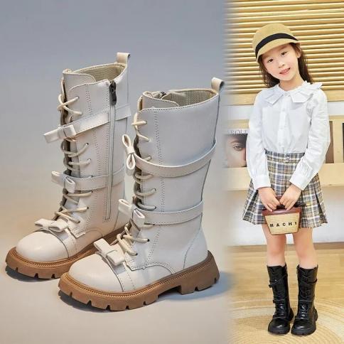 Girls High Boots New 2024 Winter  Style Children Long Boots For Catwalk Kids Bowknot Solid Color Boot Girls Princess Sho