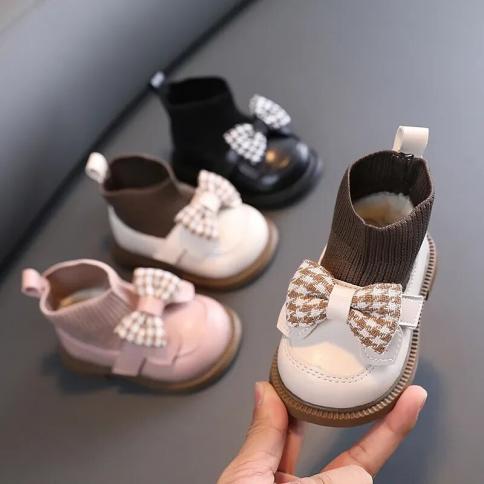 New 2024 Winter Infant Sock Boots Girls Bow Pu Leather Shoes Elegant Cute Children Casual Shoes Kids Knitted Short Boots