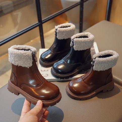 Children New Winter Boots Solid Color Platform Front Zipper Kids Mid Calf Boots Fashion Plush Uni Boys Girls Cotton Shoe