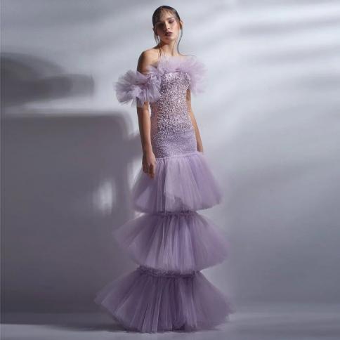 Charming 2022 Summer Prom Women Dresses Off The Shoulder Tiered Tulle Evening Formal Dress Beaded Mermaid Gown Robes De 