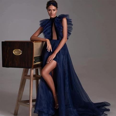 2022 Navy Blue Formal Party Dresses For Women Long Sleeveless High Slit Prom Gowns A Line Ruffles Evening Wear Robes De 