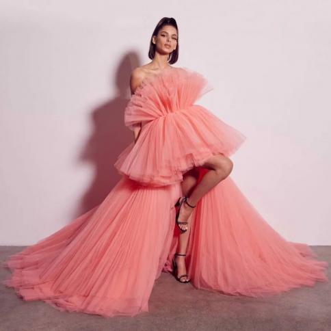 Robes De Soirée High Low Tulle Prom Gown Dresses Strapless Puff Tulle Long Pageant Celebrity Dress Customize Evening Pa