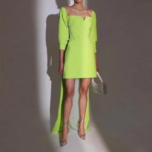 Elegant Green Blazer Dress With Cape Sweep Train Stretchy Satin Short Prom Party Dresses Women Formal Blazer Beads Eveni