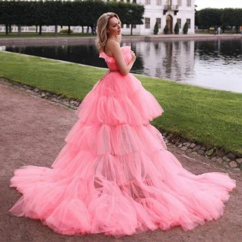 Pink Puffy Tulle Prom Party Dresses High Low Tiered Mesh Formal Dress Strapless Sweep Train Elegant Wedding Guests Dress
