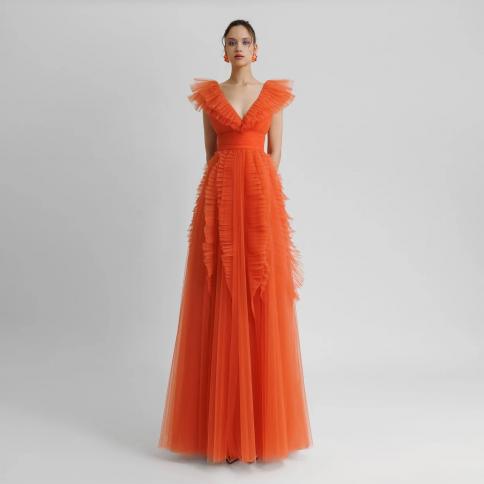 Simple Orange Pleated Tulle Formal Occasion Dresses V Neck Backless Long Prom Party Dress Vestidos De Fiesta Elegantes P