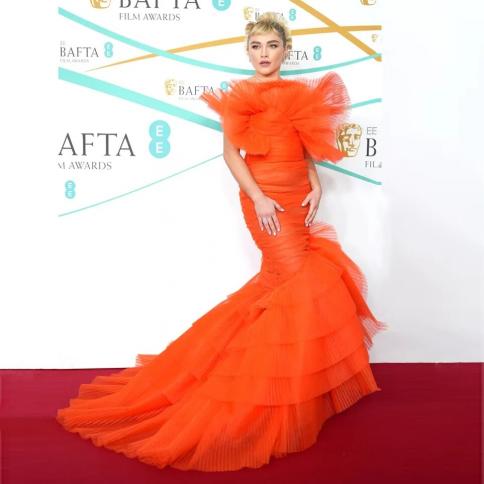 Elegant Pleated Tulle Orange Prom Party Dresses Mermaid Sweep Train Strapless Formal Evening Gown 2023 Celebrity Dress C