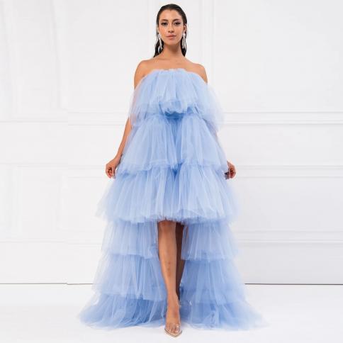 Hot Sale High Low Dress For Women Elastic Strapless Tulle Prom Party Dresses For Wedding Party Brithday Dress Blue فس