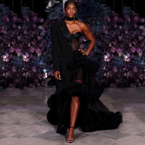 Spring 2024 Fashion Week Formal Tuxedo Gown Party Dresses Chic Women Black Outfits Asymmetrical Celebrity Dress Runway G
