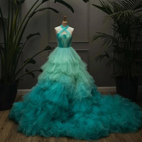 Fairy Multi Colors Tulle Dress Long Prom Gown Halter Ombre Green Layered Tulle Formal Dresses Custom Made Elegant Pagean