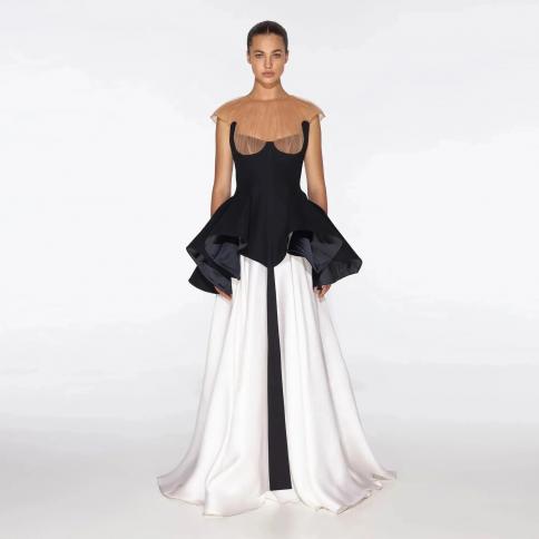 Unique Black And White Formal Party Dresses 2 Colors Sheer Neck Pleated Peplum Prom Maxi Dress فساتين طويلة V