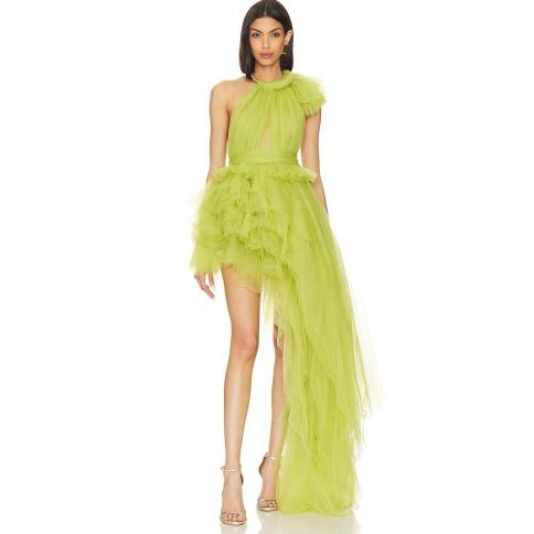 2024 Spring Fashion Party Dresses Asymmetrical Green Tulle Evening Gowns Halter  Backless Short Prom Tulle Dress Custom 