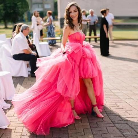 Charming Hot Pink Puffy Tulle Party Dresses Sweetheart High Low Prom Gowns Lace Up Tie Tiered Lush Long Evening Formal D