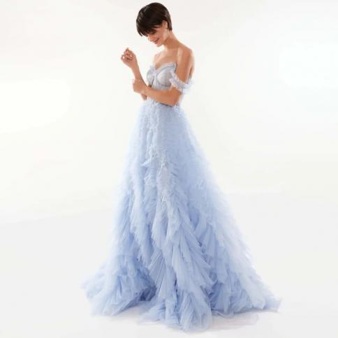 Light Blue All Ruffled Up Evening Fluffy Dress Long Prom Maxi Gown Party Dresses Fashion Ruffles Tulle Formal Dress Cust