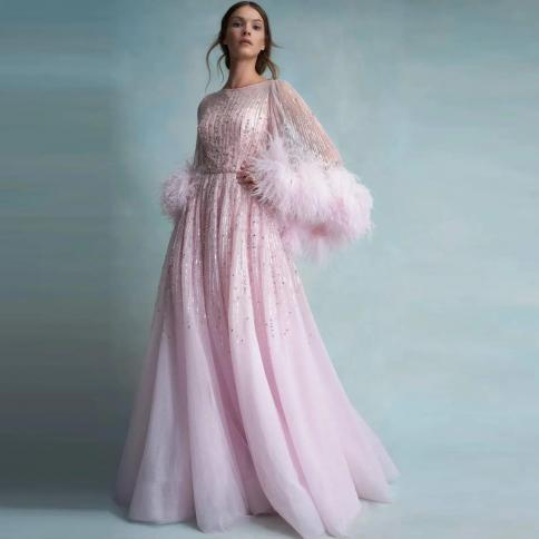 Prom Dresses 2024 Pink Beaded Prom Party Dresses With Feathers Puff Sleeves Elegant Arabic Evening Gown Formal Dress