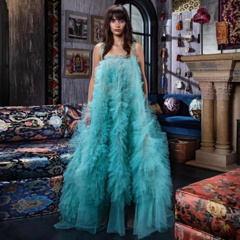 Lake Blue Oversized Women Party Dresses Fluffy Ruffled Tulle Evening Maxi Dress Beaded Square Neck Formal Dress 2024 Pro