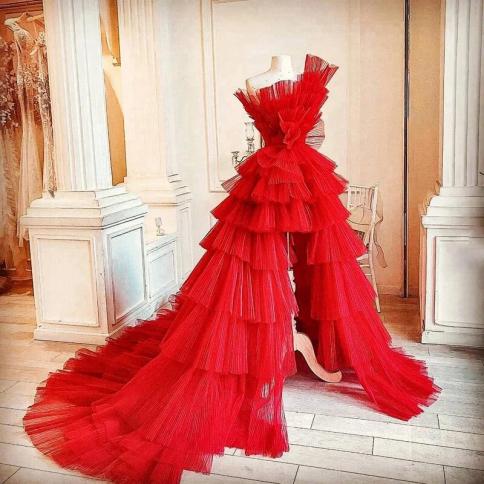 Gorgeous Red Pleated Tulle Formal Occasion Dresses High Low Tiered Ruffle Mesh Bridal Dress Strapless Prom Party Dresses