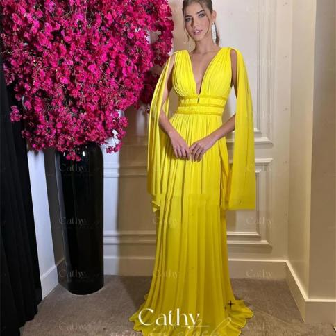 Elegant Yellow A Line Evening Dress High Quality Silk Chiffon Vestidos De Fiesta  Pagoda Sleeve Light Yellow Prom Dresse
