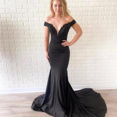 Off The Shoulder Black Mermaid Prom Dresses   Deep Vneck Lace Appliques Satin Formal Party Evening Gown Sweep Train  Pro