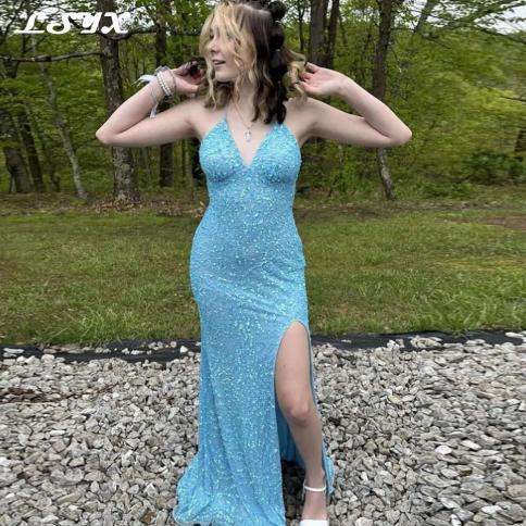 Lsyx  Glitter Blue V Neck Prom Dresses 2023 Spaghetti Straps Backless High Split Sweep Strain Simple Mermaid Evening Gow