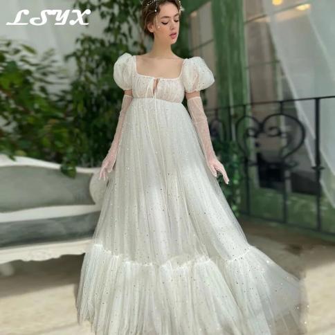 Lsyx Sequins Square Collar Puff Cap Sleeves White Prom Dresses 2023  Pleats Backless A Line Tulle Simple Evening Gown