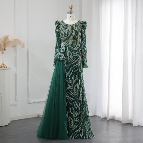 Sharon Said Luxury Emerald Green Mermaid Muslim Evening Dress Overskirt Long Sleeve Gold Plus Size Women Wedding Party S