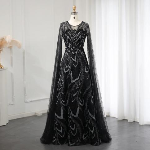Sharon Said Luxury Crystal Araboic Black Evening Dress With Cape Sleeves Pink Plus Size Women Wedding Guest Party Gowns 