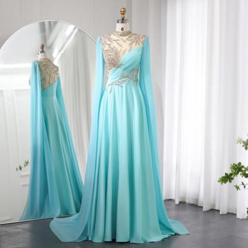 Sharon Said  Luxury Crystal Turquoise Blue Evening Dress With Cap Sleeves 2024 High Neck Arabic Women Wedding Party Dres