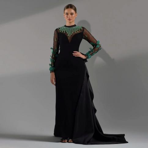 Sharon disse luxo dubai verde esmeralda penas preto vestido de noite mangas compridas arábia saudita feminino formal vestidos de