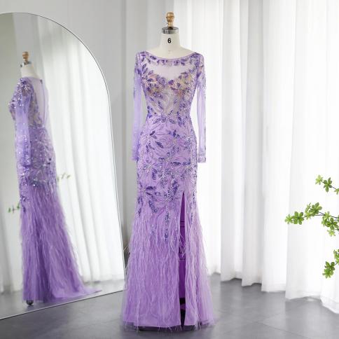 Sharon Said Dubai Lilás Luxo Penas Vestidos de Noite Para Mulheres Casamento Elegante Mangas Compridas Sereia Vestidos de Festa 