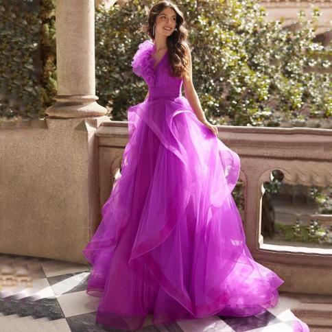 Purple Ruffles Tulle Prom Dress Pleat Sleeveless A Line Floor Length Irregular Party Banquet Lady Evening Gown With Swee