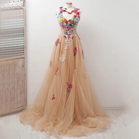 Charming Colourful Prom Dresses Of Flowers Sleeveless Tulle A Line Floor Length Appliques Backless Party And Banquet Gow