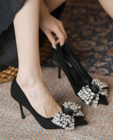 French High Heels Women's Stiletto  Style New Girl's Suede Rhinestone Bow Pointed Toe Black Shoes