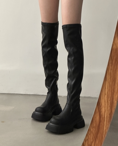 New Autumn And Winter Round Toe Slim Boots Thick-soled Elastic Over-the-knee Slim Black Tall Boots For Small People, Ver