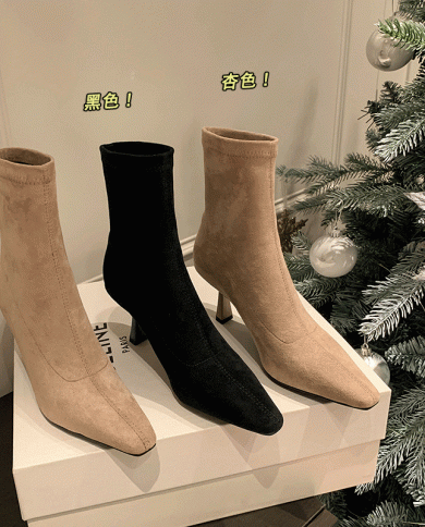  Style Simple Pointed-toe Short Boots, Temperament High-heeled Fashion Boots, Single Boots, Thin Heel, Suede Elastic Sli