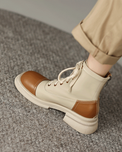 British Style Color-blocked Thick Heel Martin Boots Autumn And Winter New Round Toe Lace-up Elastic Slim Boots Medium He