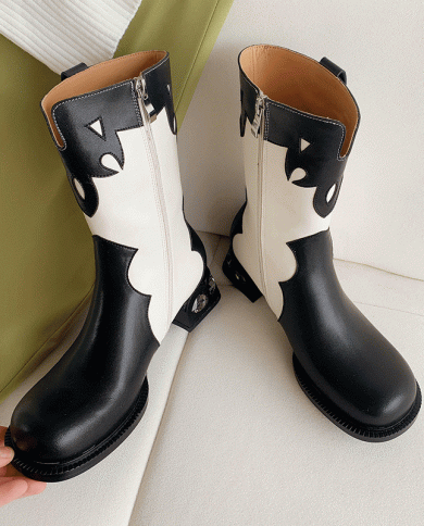 British Sweet And Cool Style Carved Color Block Martin Boots Cowhide V-mouth Western Boots Casual Round Toe Mid-calf Boo