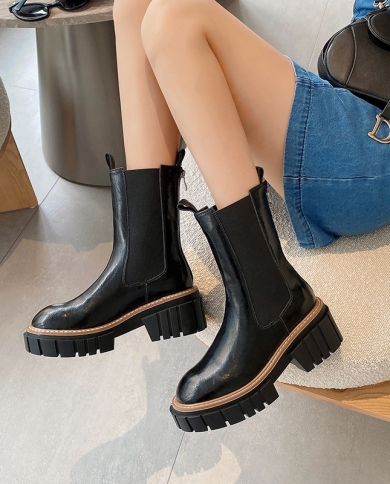 Wholesale British Retro Thick-soled Chimney Boots Casual Round Toe Thick Heel Chelsea Boots Cowhide High Heel Short Boot