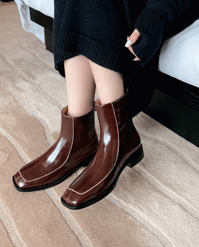 British Style Retro Flat Short Boots Fashionable Handsome Simple Square Toe Single Boots Cowhide Low Heel Short Boots Wo
