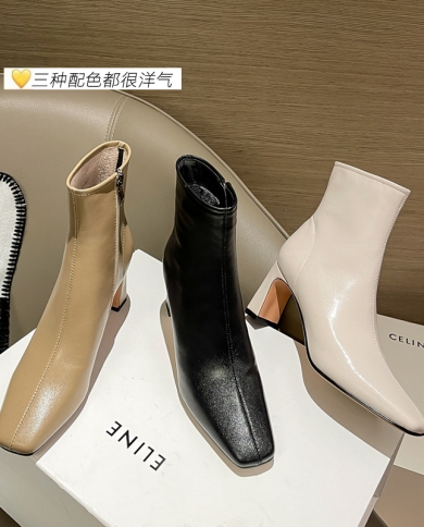 Wholesale Cowhide  Style Simple Slim Boots Square Toe Temperament High Heel Fashion Boots Commuting Thick Heel Short Boo