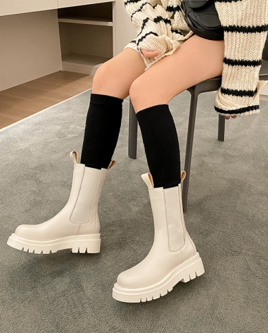 British Style Retro Cowhide Chimney Boots Round-toe Elastic Chelsea Boots Platform Back Zipper Thick-soled Short Boots F
