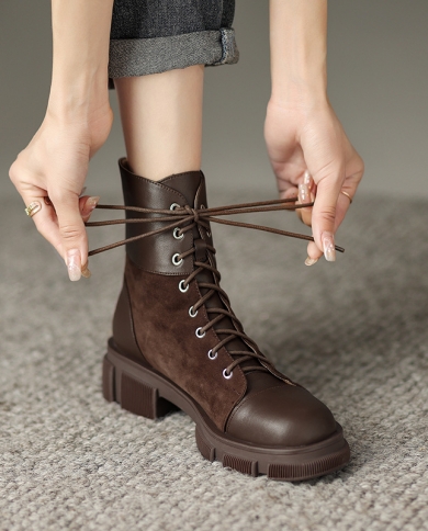 Autumn And Winter British Style Retro Cowhide Suede Stitching Thick-soled Martin Boots Casual Round-toe Lace-up Low-heel