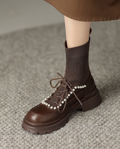 Autumn And Winter College British Style Retro Cowhide Stitching Sock Boots Round Toe Low Heel Elastic Slim Boots Thick S